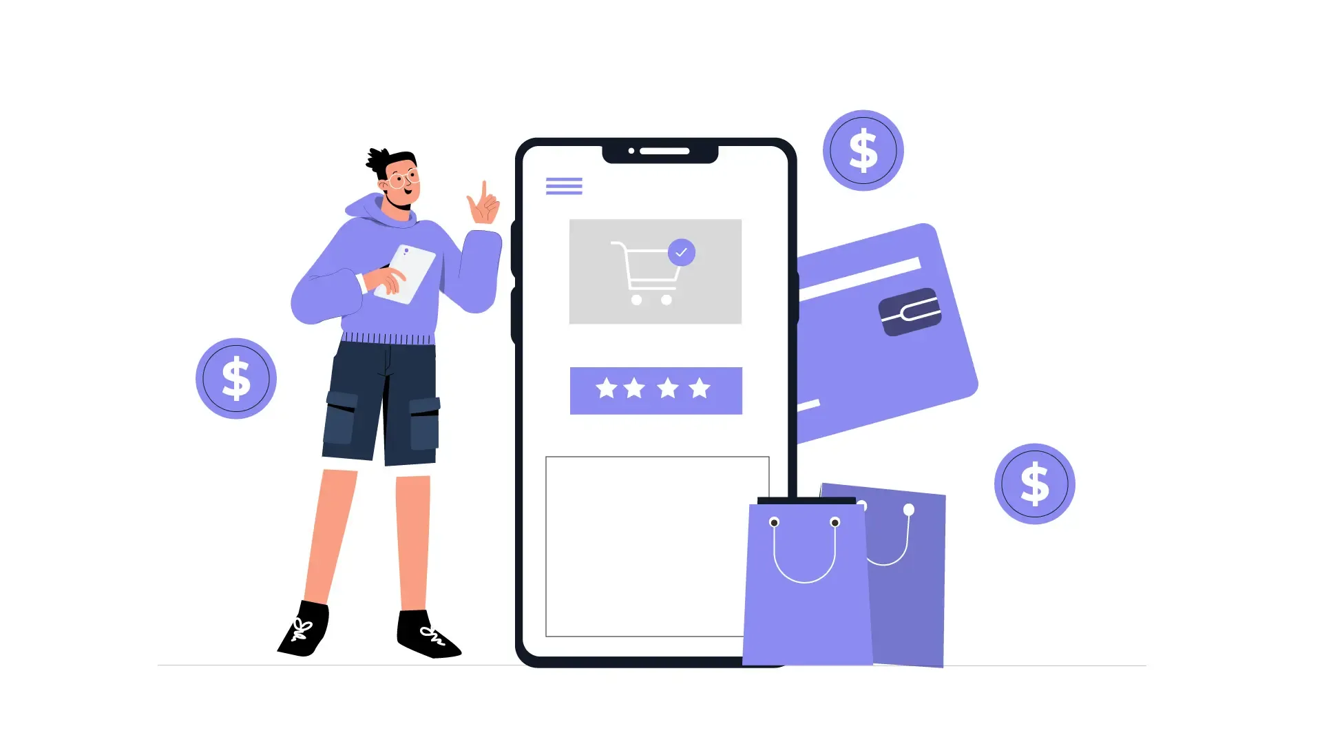 Flat 2D Illustration Man Celebrating Successful Credit Card Payment on Mobile image